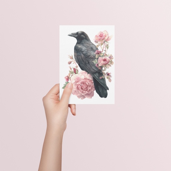 Watercolor Floral Black Crow Wall Art Print Unframed - Black Bird Illustration - Picture 5 of 6